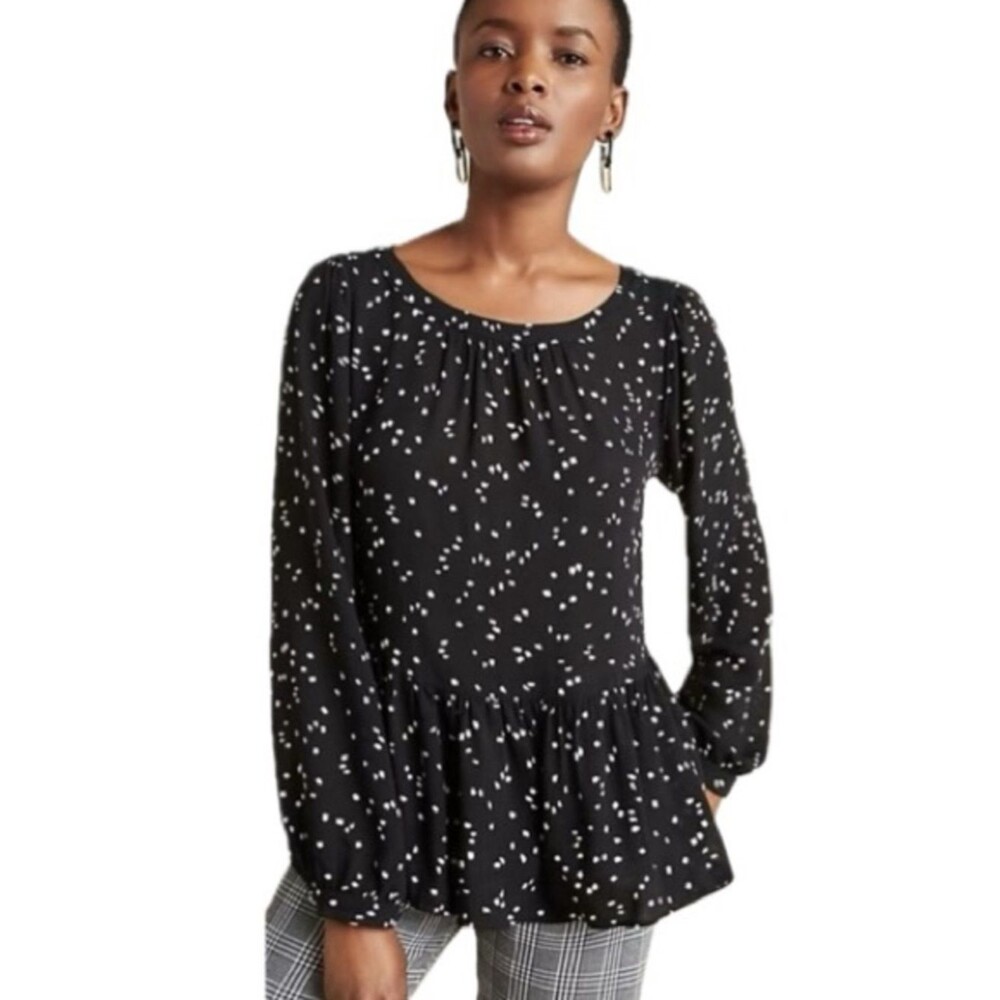 Anthropologie Maeve Cheyenne Polka Dot Peplum Blouse Size XS Black Long Sleeve